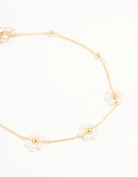 Gold Pearl Flower & Diamante Tennis Anklets 2-Pack