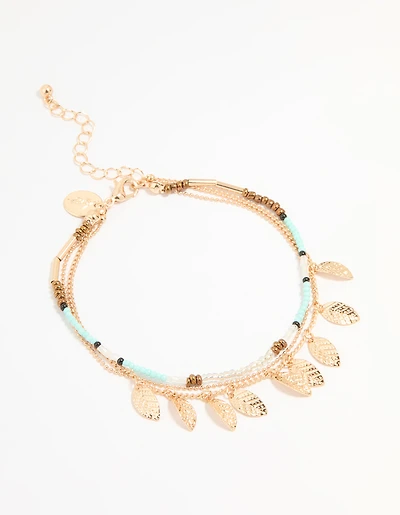 Antique Gold Blue Beaded & Leaf Layered Anklet