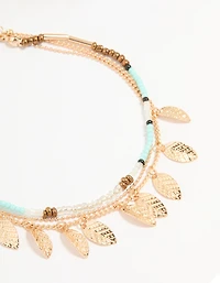 Antique Gold Blue Beaded & Leaf Layered Anklet