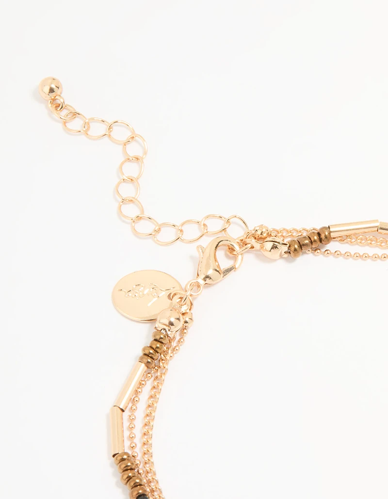 Antique Gold Blue Beaded & Leaf Layered Anklet