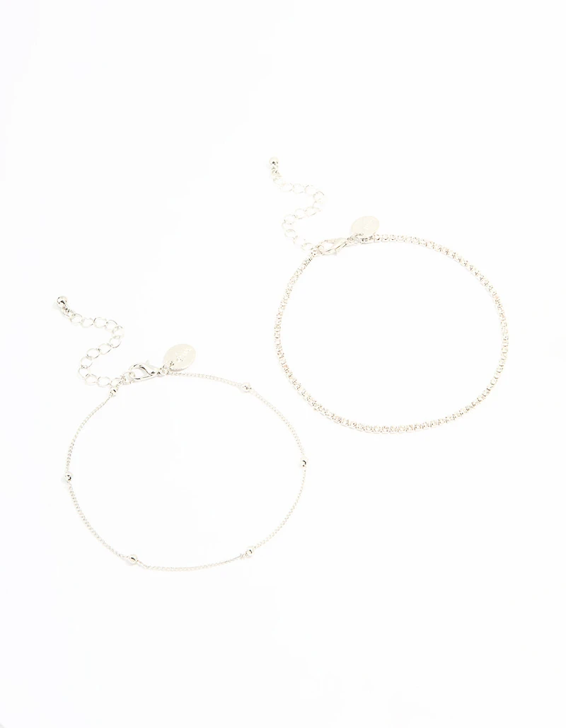 Silver Diamante & Ball Anklets 2-Pack
