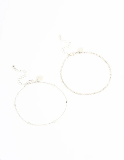Silver Diamante & Ball Anklets 2-Pack