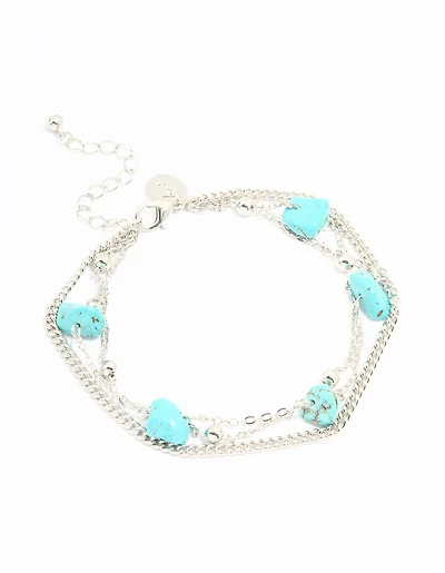 Silver Turquoise Stone & Chain Layered Anklet