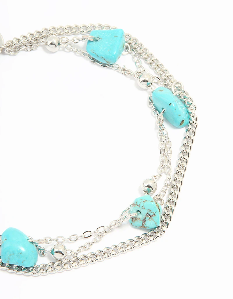 Silver Turquoise Stone & Chain Layered Anklet