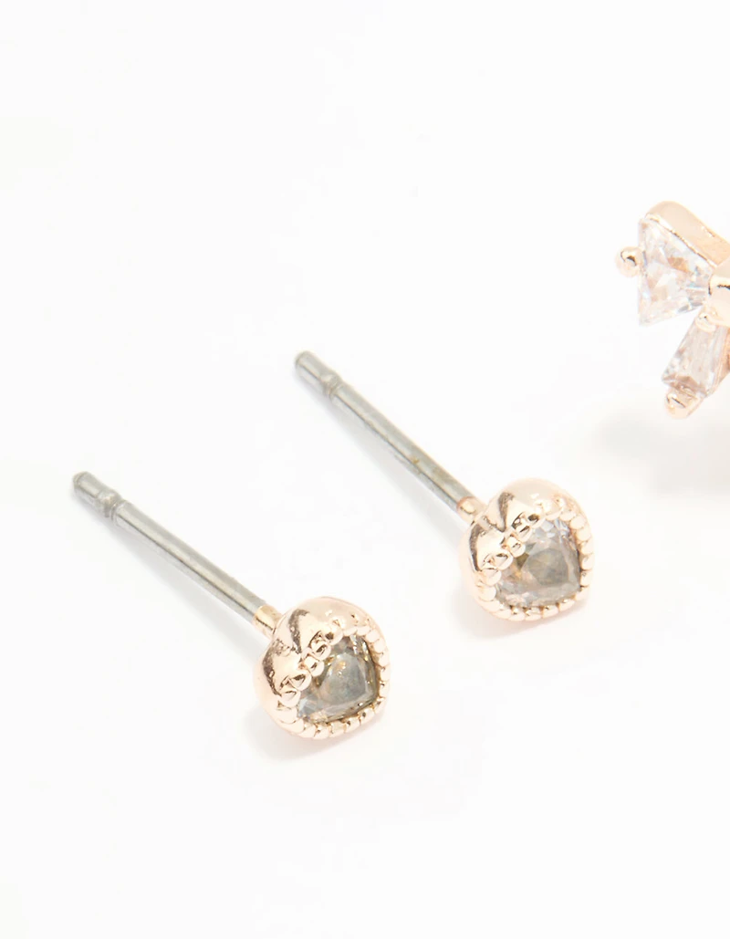 Rose Gold Plated Cubic Zirconia Bow Hoop & Heart Stud Earrings 2-Pack