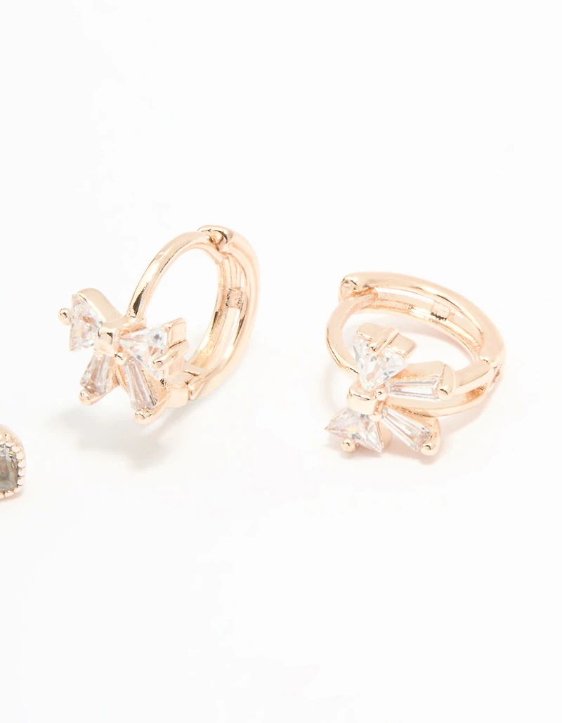 Boucles d'oreilles créoles à nœud et puces cœur plaquées or rose et zircon cubique (lot de 2)
