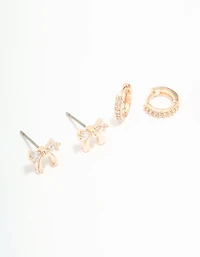 Rose Gold Plated Cubic Zirconia Bow & Huggie Earrings 2-Pack