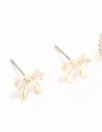 Rose Gold Plated Cubic Zirconia Bow & Huggie Earrings 2-Pack