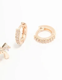Rose Gold Plated Cubic Zirconia Bow & Huggie Earrings 2-Pack