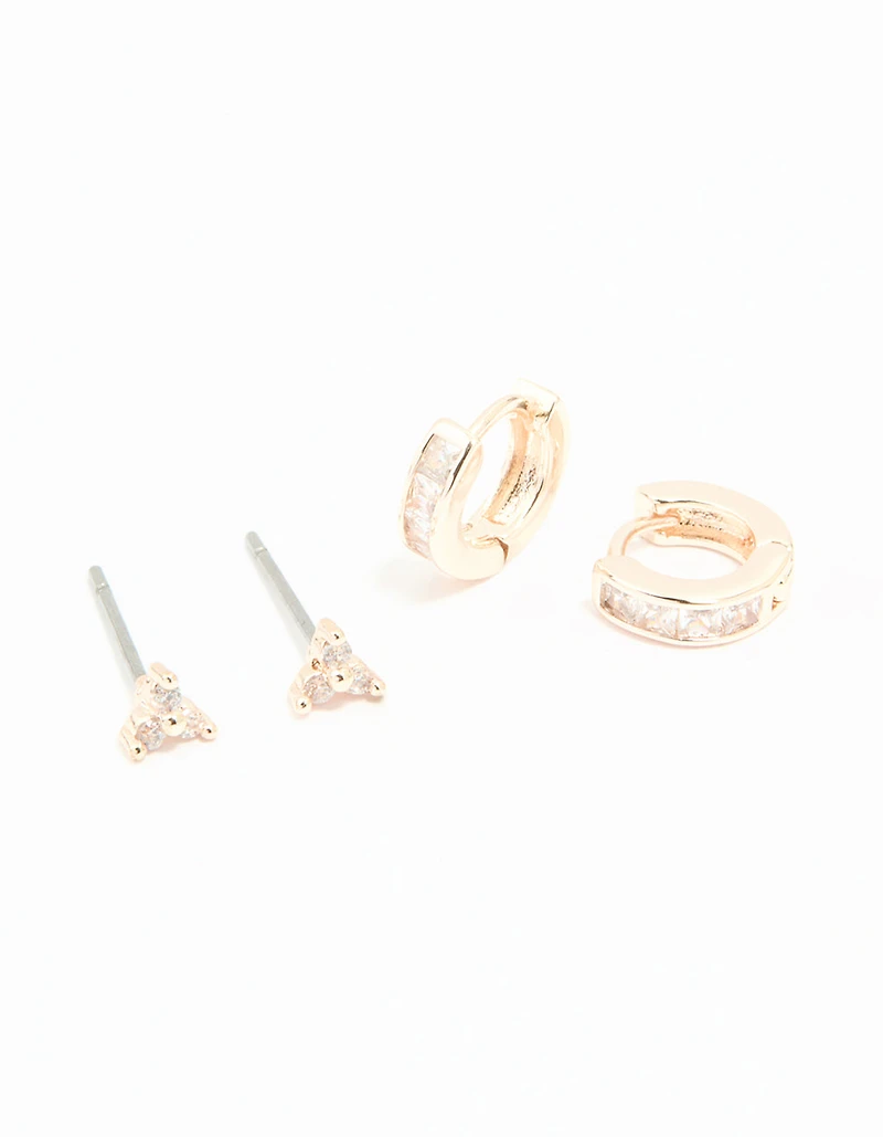 Rose Gold Plated Cubic Zirconia Trio Stud & Huggie Earrings 2-Pack