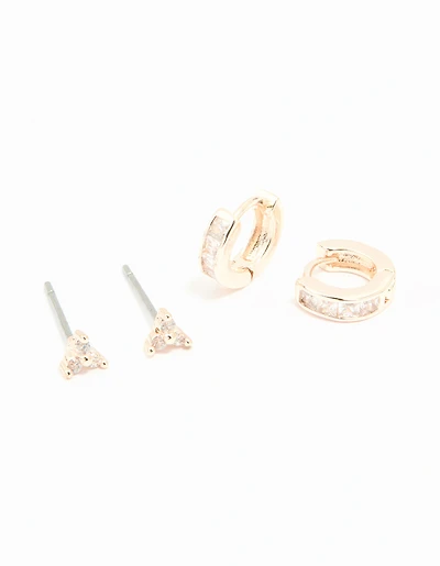 Rose Gold Plated Cubic Zirconia Trio Stud & Huggie Earrings 2-Pack