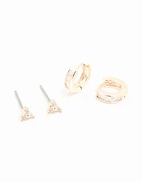 Rose Gold Plated Cubic Zirconia Trio Stud & Huggie Earrings 2-Pack