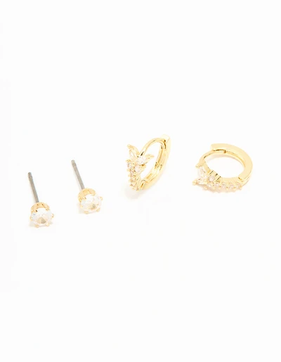 Gold Plated Cubic Zirconia Butterfly Huggie & Stud Earrings 2-Pack