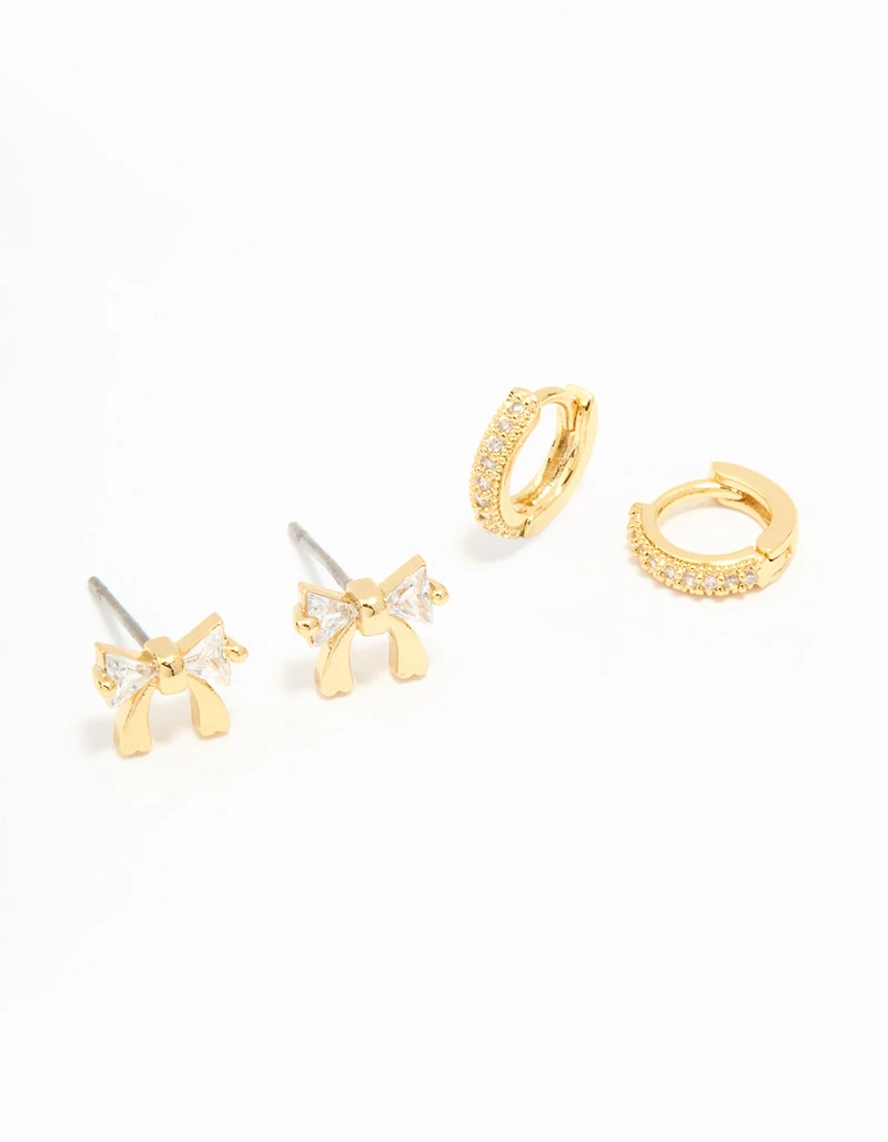 Gold Plated Cubic Zirconia Bow Studs & Hoop Earrings Pack