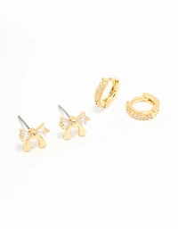 Gold Plated Cubic Zirconia Bow Studs & Hoop Earrings Pack