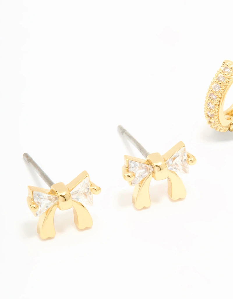 Gold Plated Cubic Zirconia Bow Studs & Hoop Earrings Pack