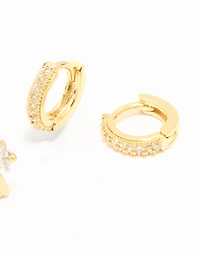 Gold Plated Cubic Zirconia Bow Studs & Hoop Earrings Pack