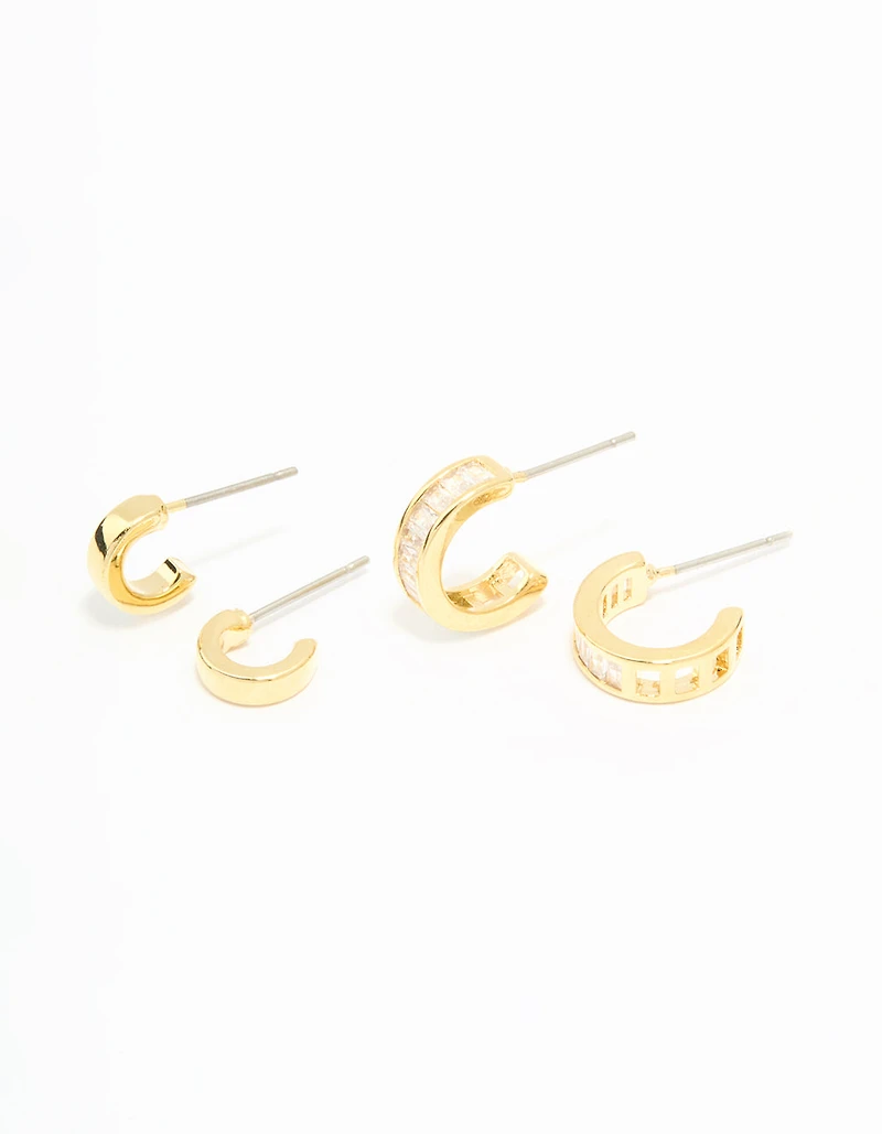 Gold Plated Cubic Zirconia Plain & Baguette Hoop Earrings 2-Pack