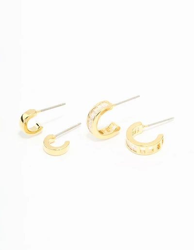 Gold Plated Cubic Zirconia Plain & Baguette Hoop Earrings 2-Pack