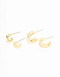 Gold Plated Cubic Zirconia Plain & Baguette Hoop Earrings 2-Pack