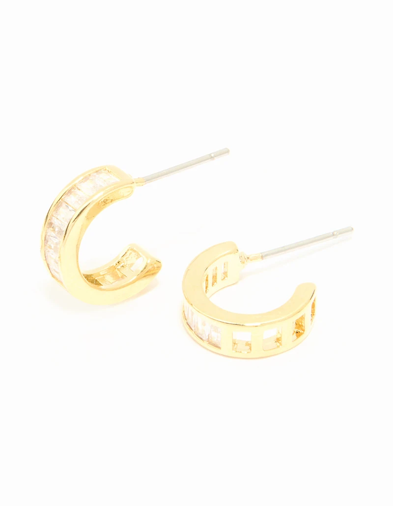 Bocles d’oreilles Cubic Zirconia Plain & Baguette plaquées or en pack de 2