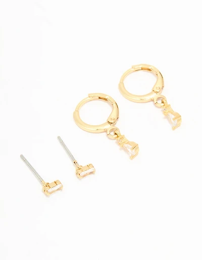 Gold Plated Cubic Zirconia Stud & Huggie Drop Earrings 2-Pack