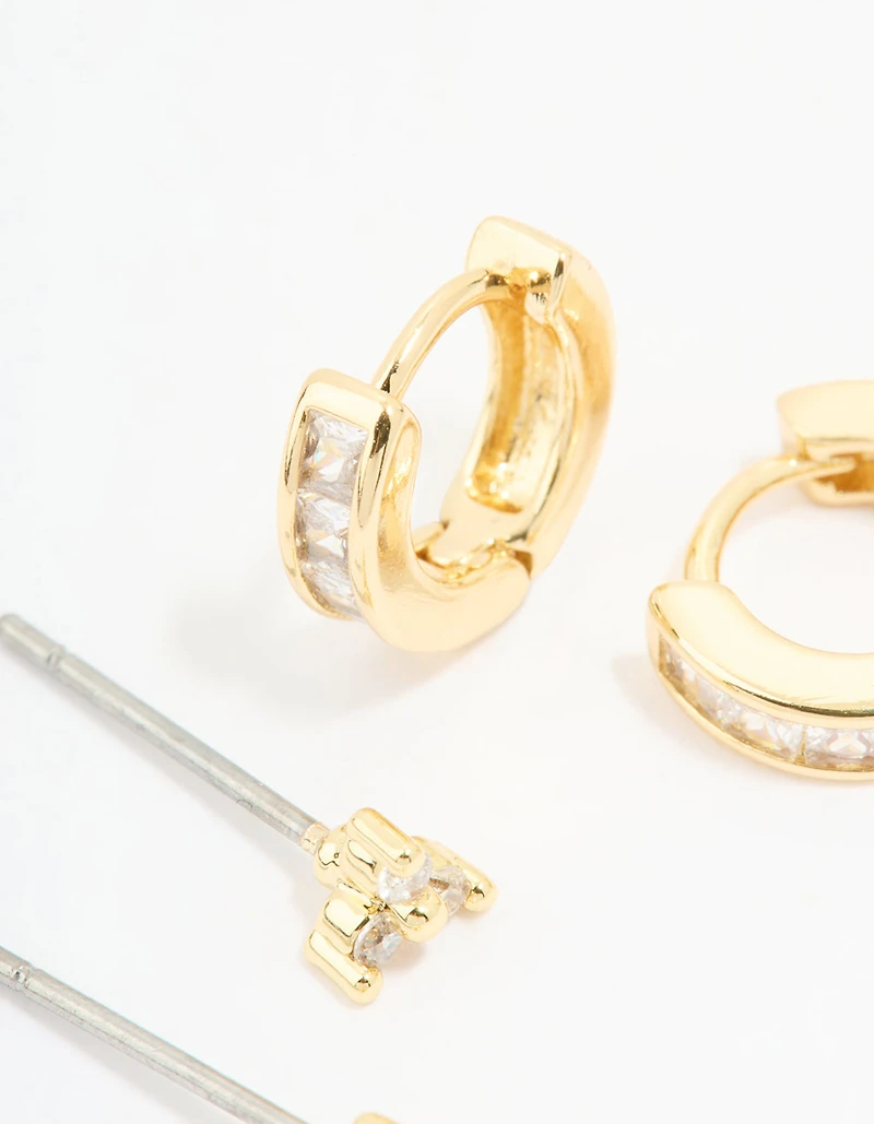 Gold Plated Cubic Zirconia Stud & Huggie Earrings 2-Pack