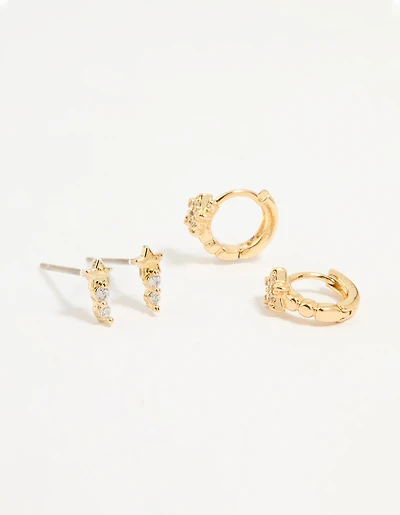 Gold Plated Cubic Zirconia Star Stud & Huggie Earrings 2-Pack