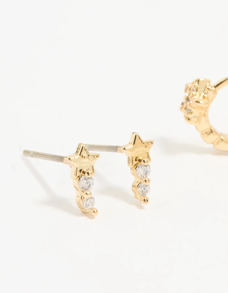 Gold Plated Cubic Zirconia Star Stud & Huggie Earrings 2-Pack