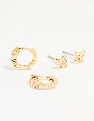 Gold Plated Cubic Zirconia Butterfly Huggie & Stud Earrings 2-Pack