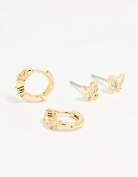 Gold Plated Cubic Zirconia Butterfly Huggie & Stud Earrings 2-Pack