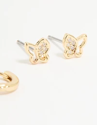 Gold Plated Cubic Zirconia Butterfly Huggie & Stud Earrings 2-Pack