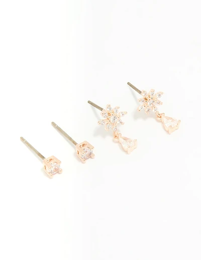 Rose Gold Plated Cubic Zirconia Flower & Classic Stud Earrings 2-Pack