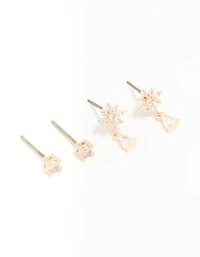 Rose Gold Plated Cubic Zirconia Flower & Classic Stud Earrings 2-Pack