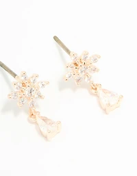 Rose Gold Plated Cubic Zirconia Flower & Classic Stud Earrings 2-Pack