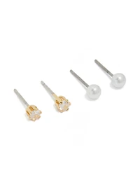 Gold Plated Cubic Zirconia & Pearl Stud Earrings 2-Pack