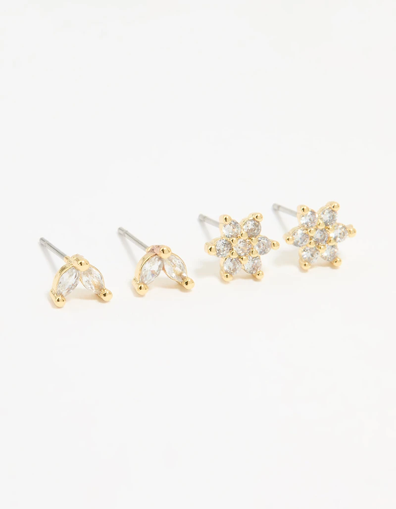 Gold Plated Cubic Zirconia Flower & Leaf Stud Earrings 2-Pack
