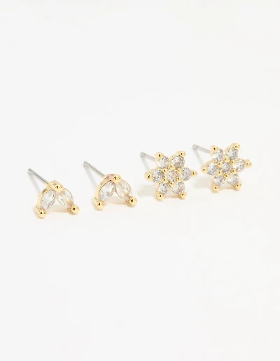 Gold Plated Cubic Zirconia Flower & Leaf Stud Earrings 2-Pack