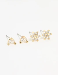 Gold Plated Cubic Zirconia Flower & Leaf Stud Earrings 2-Pack