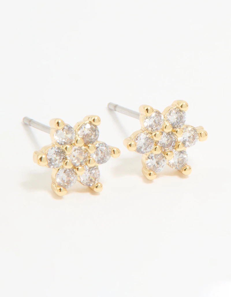 Gold Plated Cubic Zirconia Flower & Leaf Stud Earrings 2-Pack