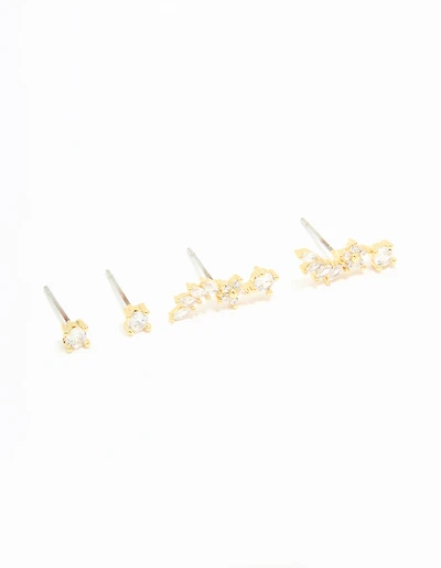 Gold Plated Cubic Zirconia Floral Crawler Stud Earrings 2-Pack