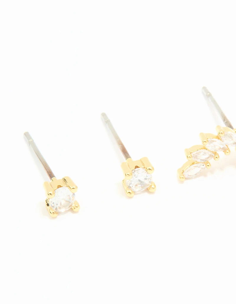 Gold Plated Cubic Zirconia Floral Crawler Stud Earrings 2-Pack