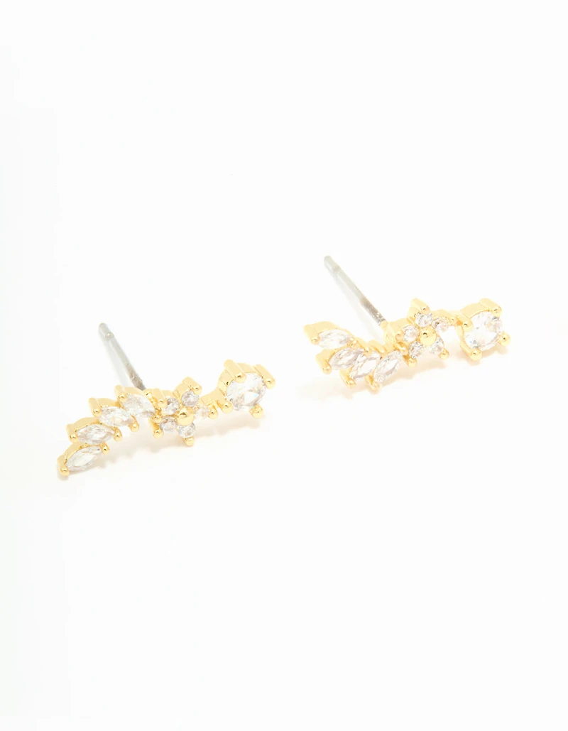 Gold Plated Cubic Zirconia Floral Crawler Stud Earrings 2-Pack