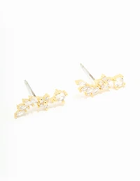 Gold Plated Cubic Zirconia Floral Crawler Stud Earrings 2-Pack