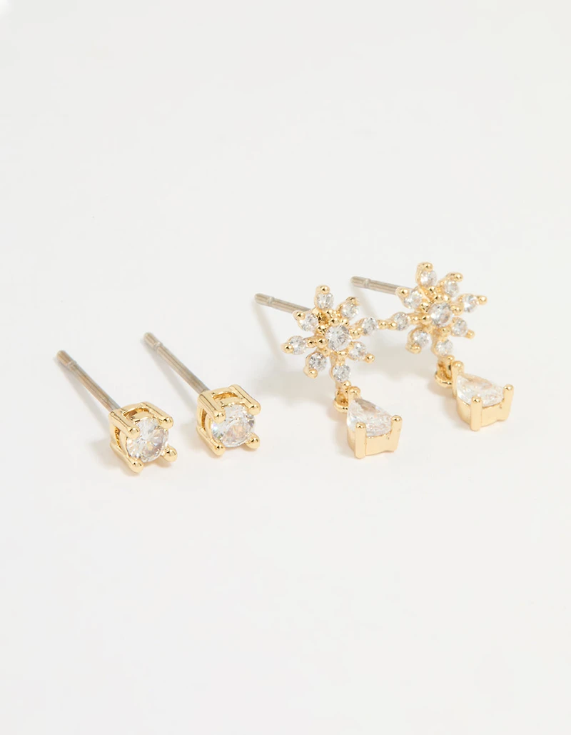 Gold Plated Cubic Zirconia Classic & Flower Teardrop Earrings 2-Pack