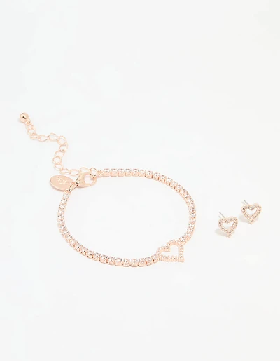 Rose Gold Plated Cubic Zirconia Heart Outline Tennis Bracelet & Earrings Set
