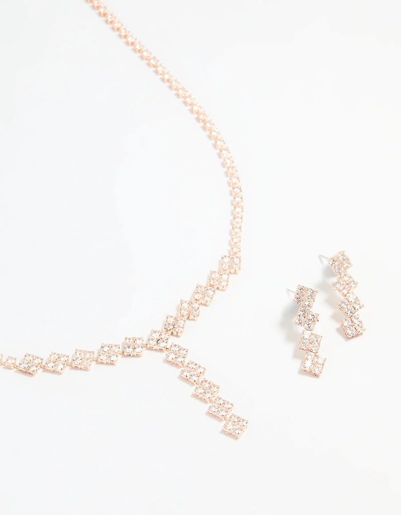 Rose Gold Plated Cubic Zirconia Square Drop Necklace & Earrings Set