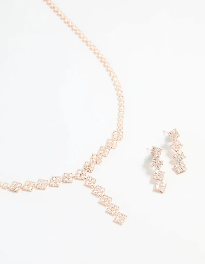 Rose Gold Plated Cubic Zirconia Square Drop Necklace & Earrings Set