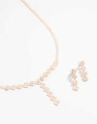 Rose Gold Plated Cubic Zirconia Square Drop Necklace & Earrings Set