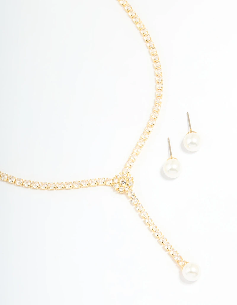 Gold Plated Pearl Flower Cubic Zirconia Y-Necklace & Earrings Set